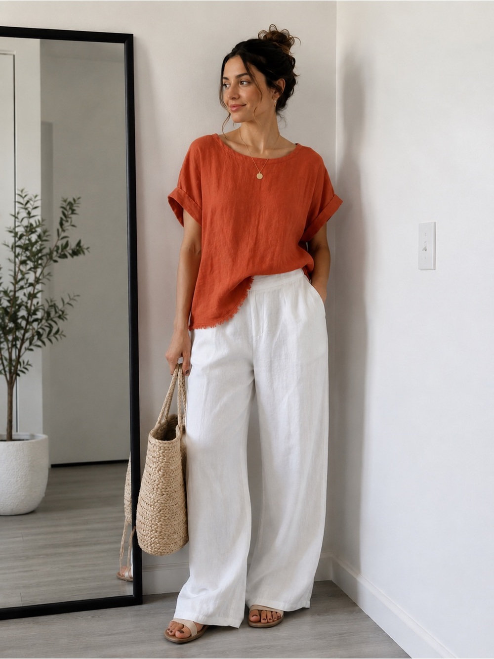 Magaschoni 100% Linen Boxy Top Raw Frayed Hem Rust Terracotta Size M Lagenlook